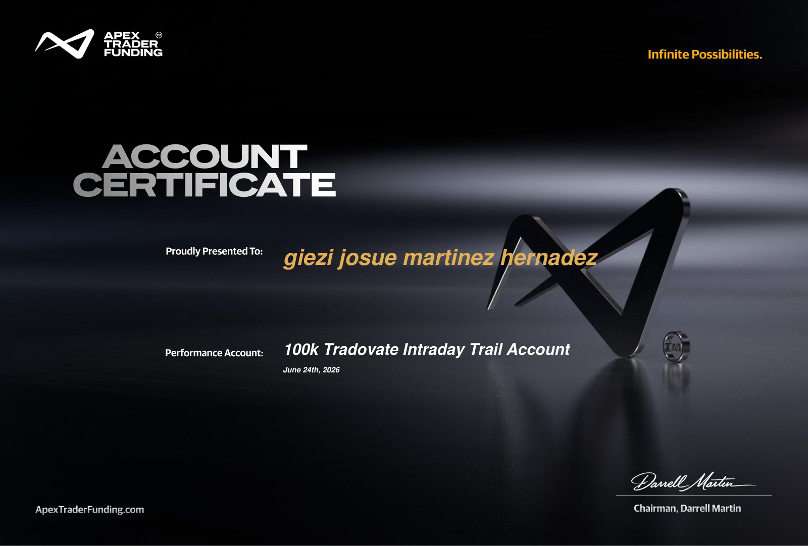 Certificado Apex Trader Funding — Cuenta 100k Tradovate Intraday Trail aprobada por Giezi Martinez el 24 de junio de 2026
